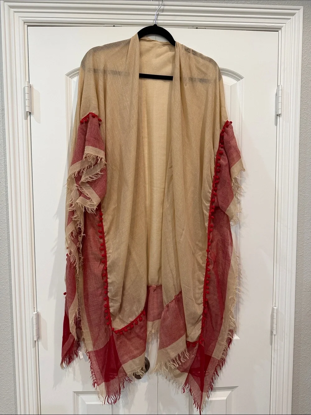 Beige and Red Fringe Swim Coverup Kimono